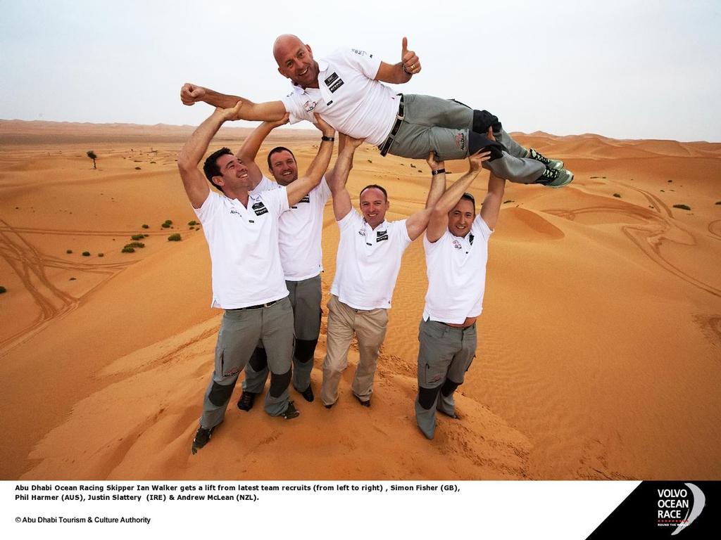 Abu Dhabi Ocean Racing Skipper Ian Walker gets a lift from latest team recruits (from left to right), Simon Fisher (GB), Phil Harmer (Aus), Justin Slattery (IRE) and Andrew Mclean (NZL). - Volvo Ocean Race 2014-15 © Abu Dhabi Tourism Authority